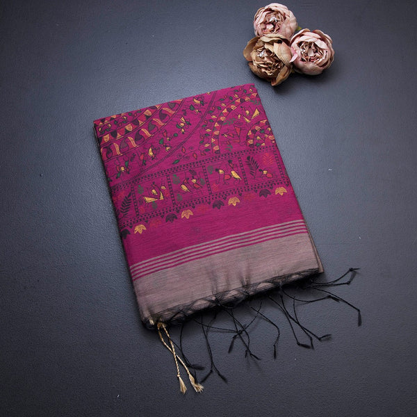 Semi Linen Bone Grey Printed Saree