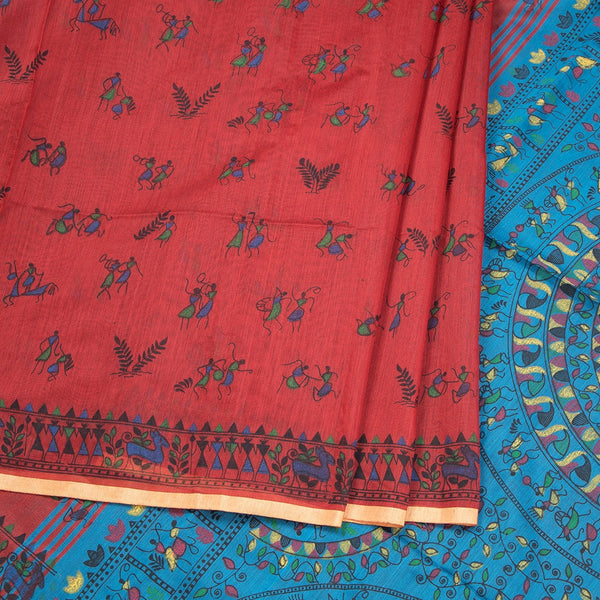 Semi Linen Red Printed Saree 02