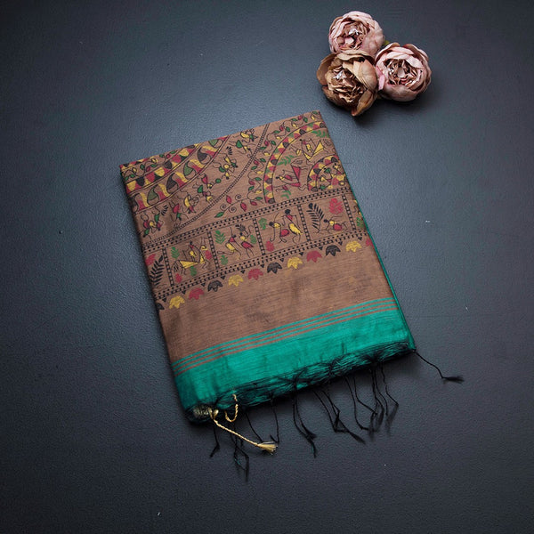 Semi Linen Turquoise Printed Saree 02