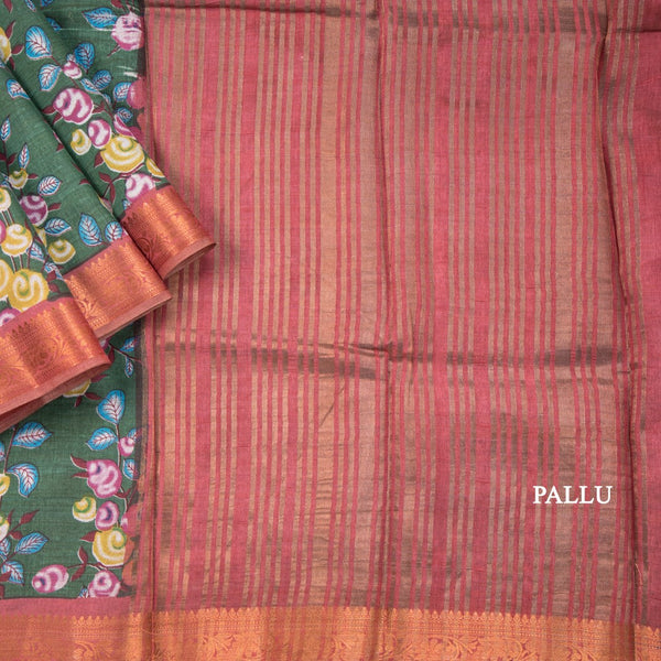 Semi Tussar Olive Green Printed Saree