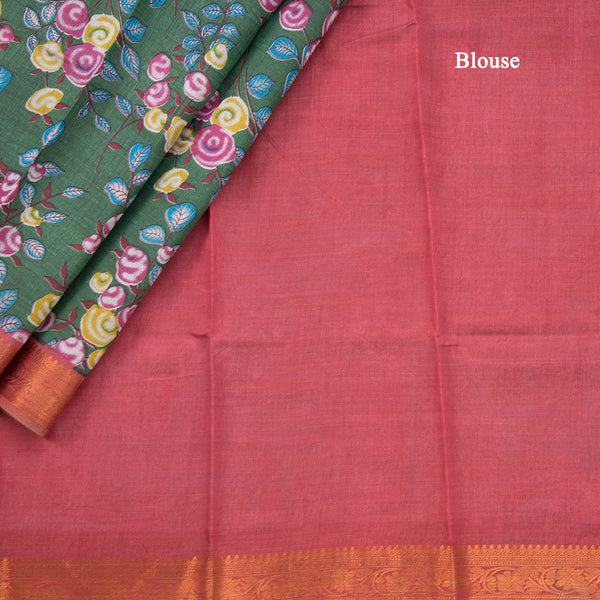 Semi Tussar Olive Green Printed Saree