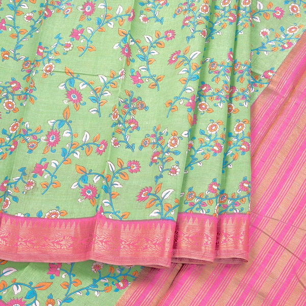 Semi Tussar Parrot Green Printed Saree