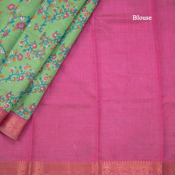 Semi Tussar Parrot Green Printed Saree