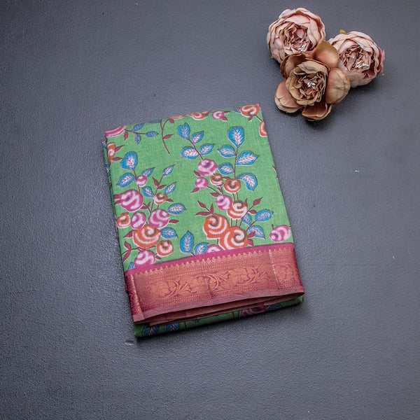 Semi Tussar Parrot Green Printed Saree 02