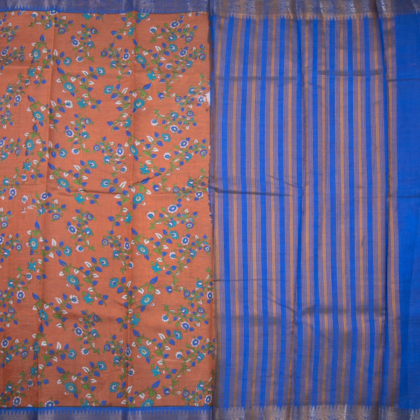 Semi Tussar Rust Orange Printed Saree