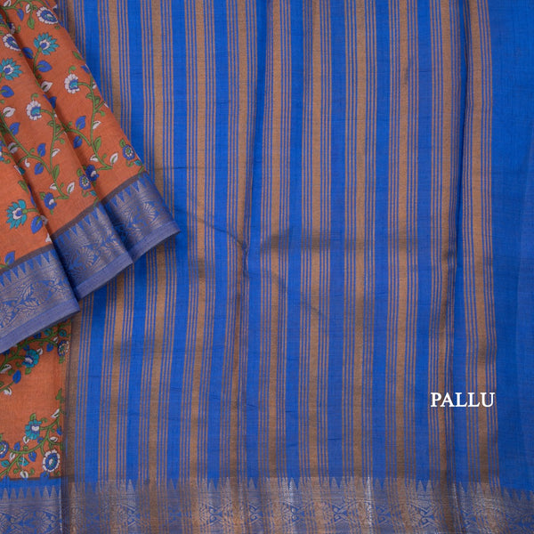 Semi Tussar Rust Orange Printed Saree