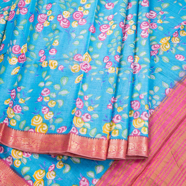 Semi Tussar Dark Cyan Printed Saree
