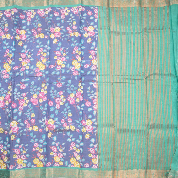 Semi Tussar Dusty Blue Printed Saree