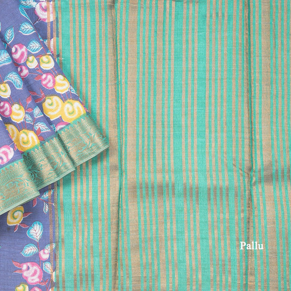 Semi Tussar Dusty Blue Printed Saree