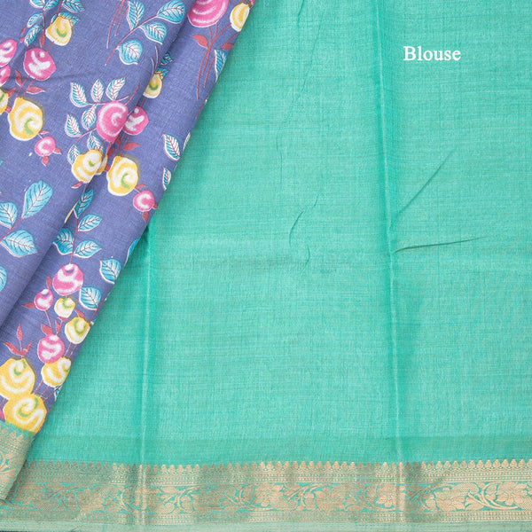 Semi Tussar Dusty Blue Printed Saree