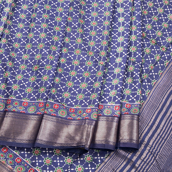 Semi Tussar Navy Blue Printed Saree