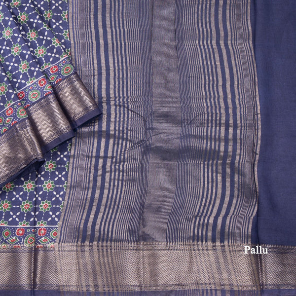 Semi Tussar Navy Blue Printed Saree