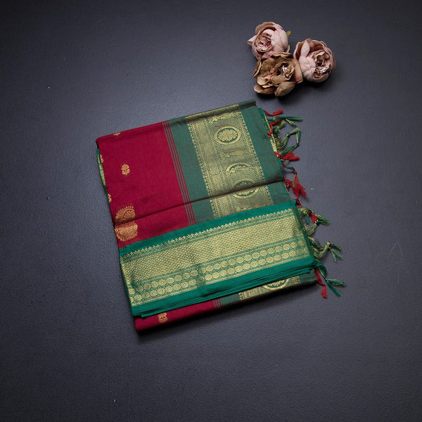 Kalyani Cotton Maroon Saree With Zari Buttas And Contrast Border 03