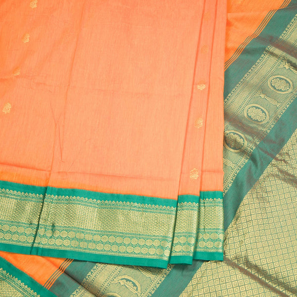 Kalyani Cotton Orange Saree With Zari Buttas And Contrast Border