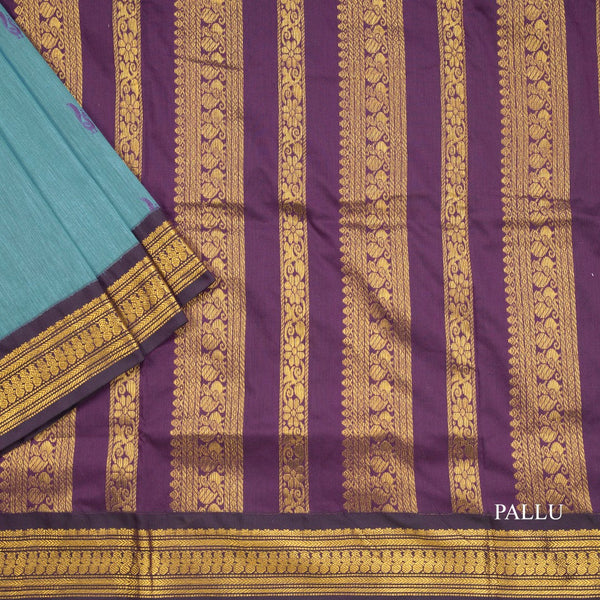 Kalyani Cotton Pastel Blue Saree With Zari Buttas And Contrast Border