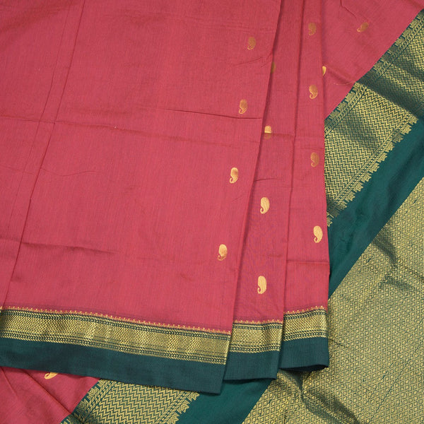 Kalyani Cotton Reddish Pink Saree With Zari Buttas And Contrast Border