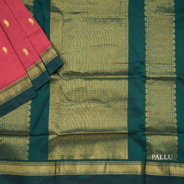 Kalyani Cotton Reddish Pink Saree With Zari Buttas And Contrast Border