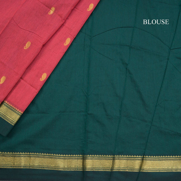 Kalyani Cotton Reddish Pink Saree With Zari Buttas And Contrast Border