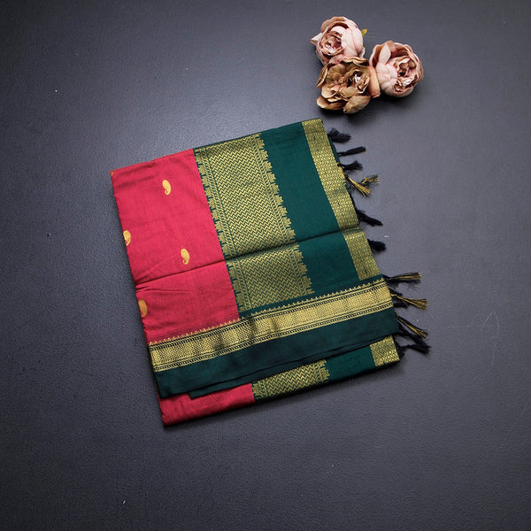 Kalyani Cotton Reddish Pink Saree With Zari Buttas And Contrast Border