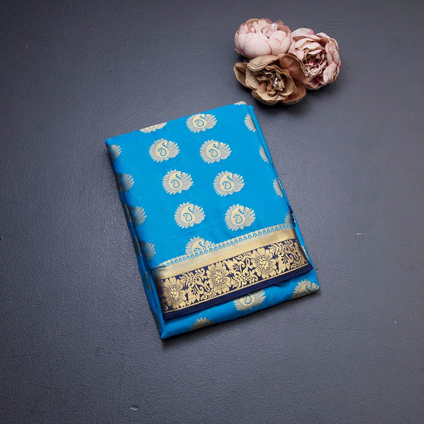 Semi Mysore Silk Sky Blue Embroidered Saree 03