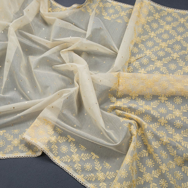 Yellow Kota Cotton Saree With Mirror Work And Thread Embroidered Border