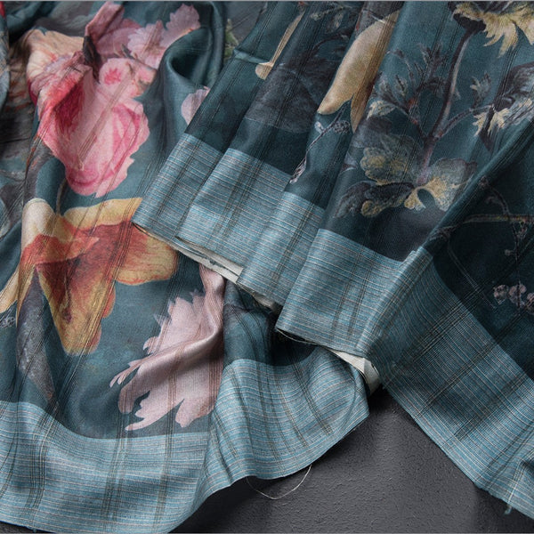 Dark Teal Green Semi Raw Silk Cotton Saree With Floral Print