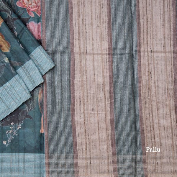 Dark Teal Green Semi Raw Silk Cotton Saree With Floral Print