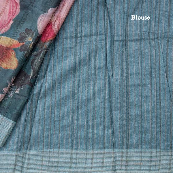 Dark Teal Green Semi Raw Silk Cotton Saree With Floral Print