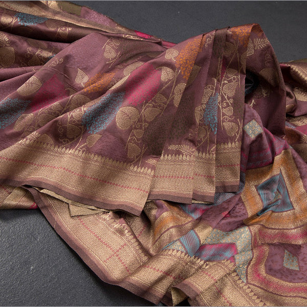 Semi Banaras Wine Colour Embossed With Zari Worked Saree