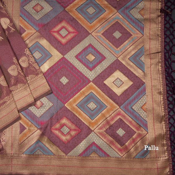 Semi Banaras Wine Colour Embossed With Zari Worked Saree