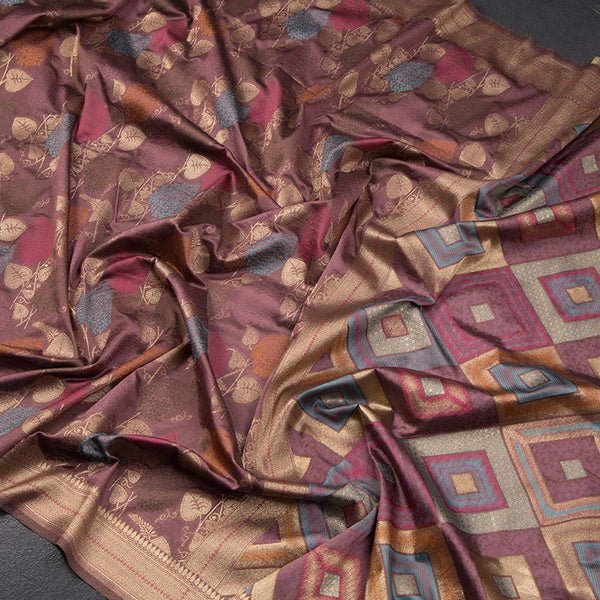 Semi Banaras Wine Colour Embossed With Zari Worked Saree
