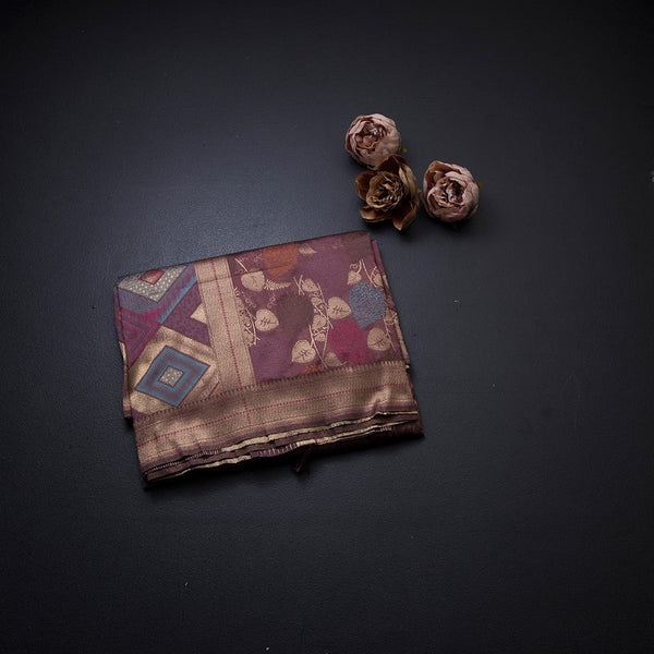 Semi Banaras Wine Colour Embossed With Zari Worked Saree