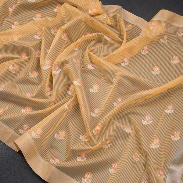 Kota Checked Light Orange Thread Embroidered Saree 02