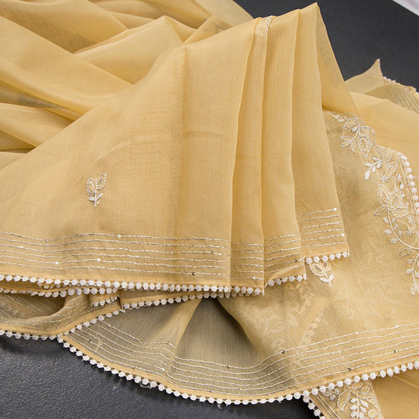 Semi Linen Sandal Thread Embroidered Saree