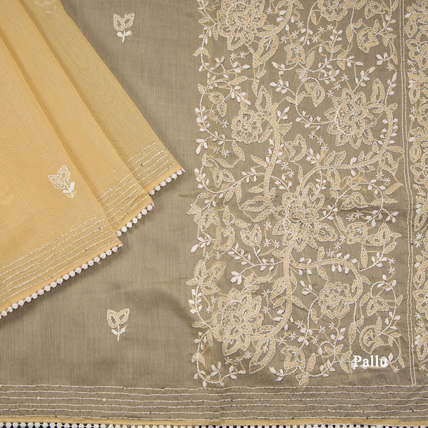 Semi Linen Sandal Thread Embroidered Saree