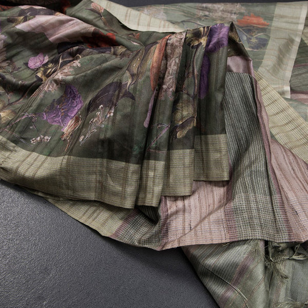 Semi Raw Silk Olive Green Floral Printed Saree