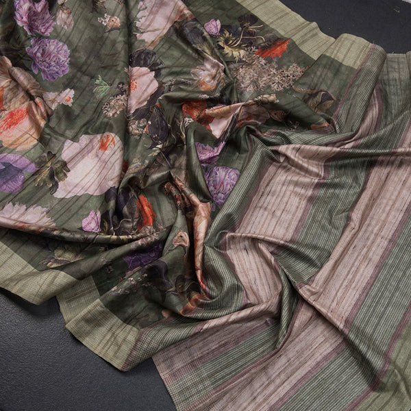 Semi Raw Silk Olive Green Floral Printed Saree