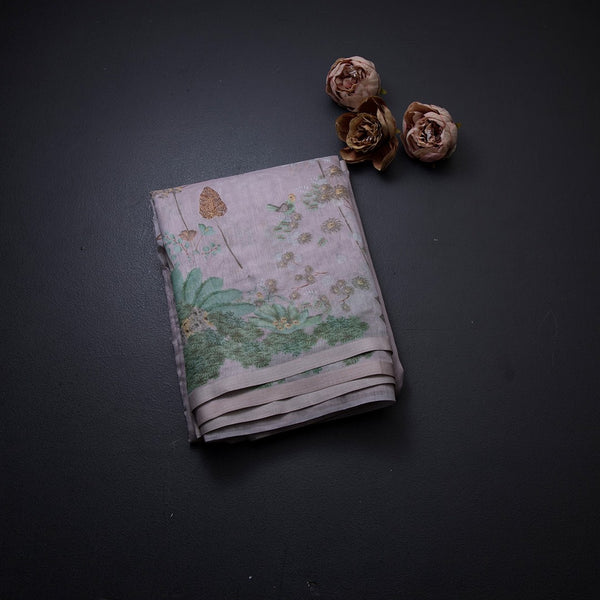 Semi Raw Silk Onion Pink Floral Printed Saree