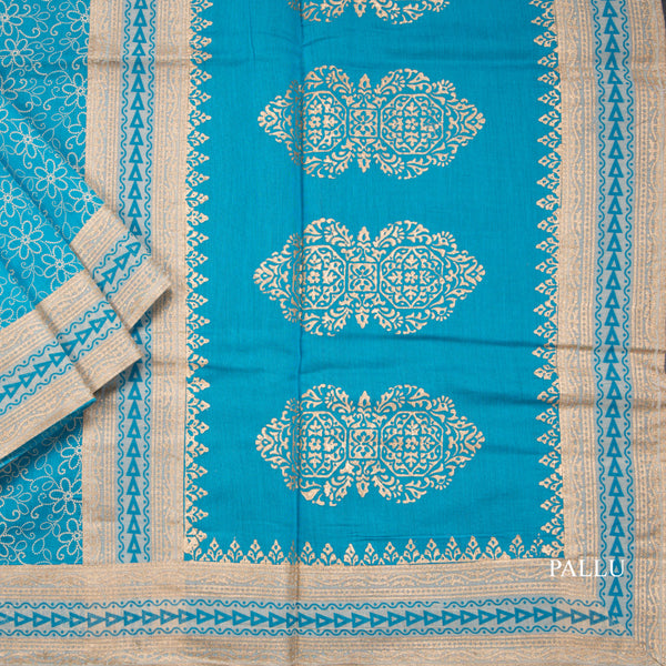 Bengali Cotton Rama Blue Floral Printed Saree