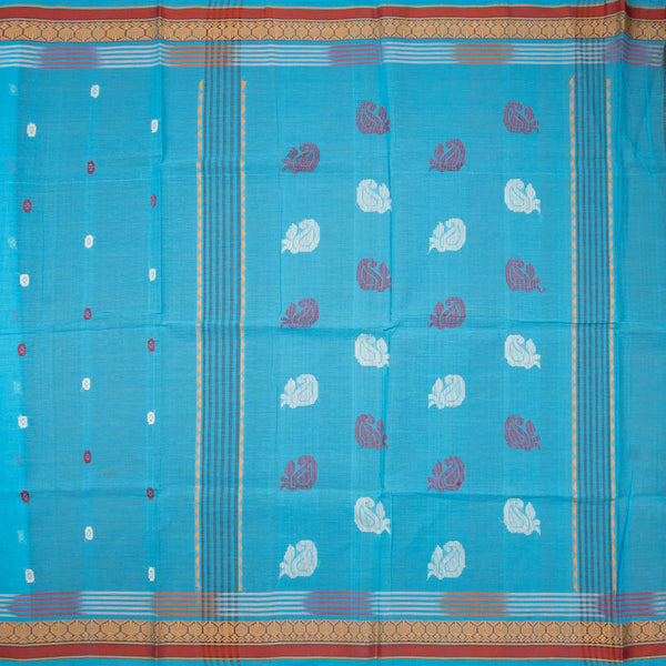Bengali Cotton Sky Blue Thread Embossed Saree