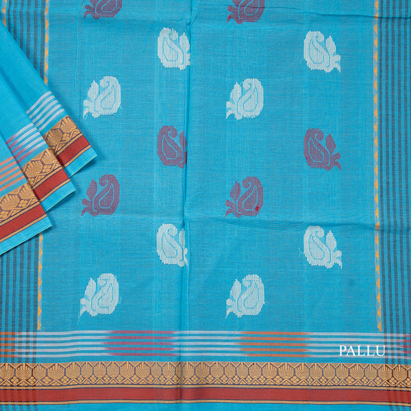 Bengali Cotton Sky Blue Thread Embossed Saree