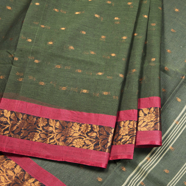 Bengali Cotton Dark Olive Green Zari Worked Saree