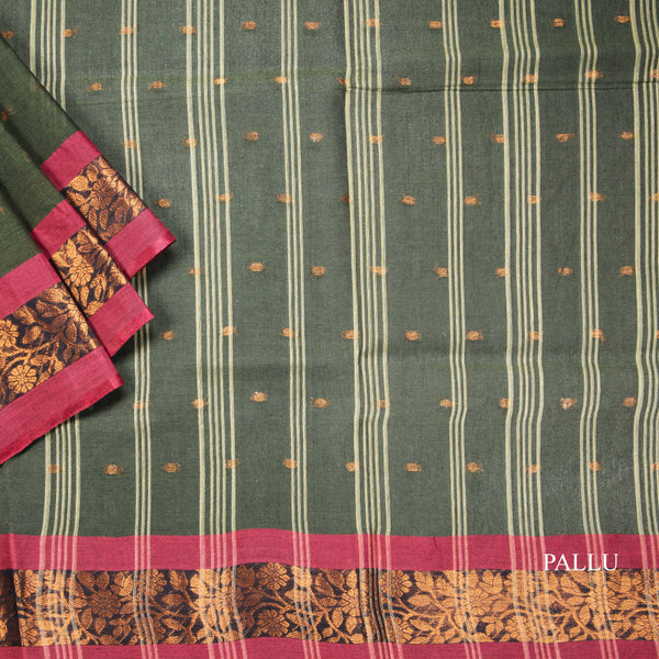 Bengali Cotton Dark Olive Green Zari Worked Saree