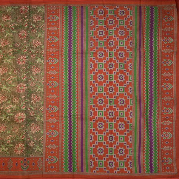 Chanderi Cotton Olive Green Floral Printed Saree 02