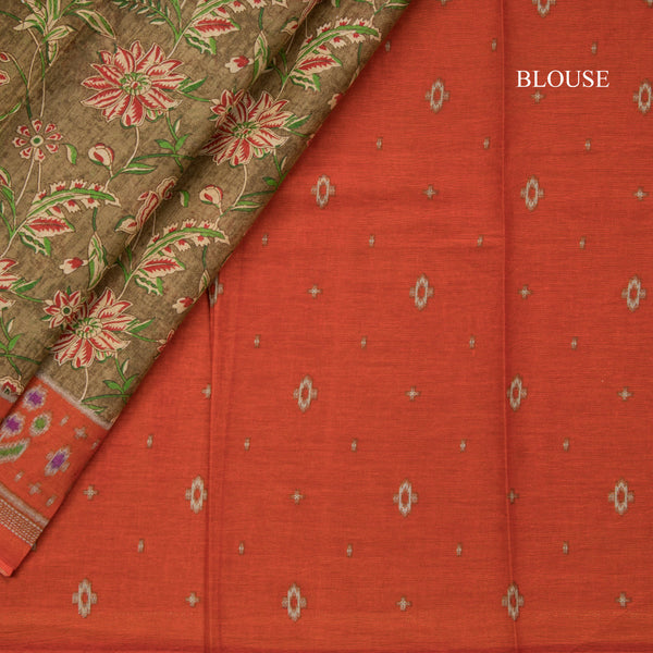 Chanderi Cotton Olive Green Floral Printed Saree 02