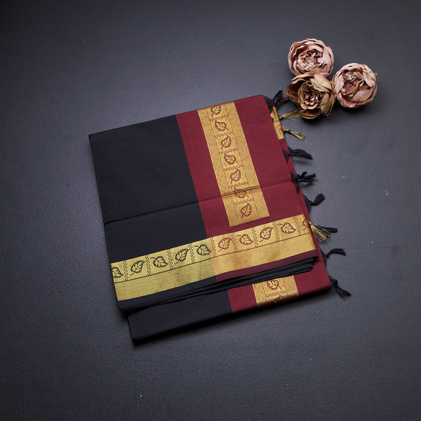 Kalyani Cotton Black Plain Saree With Zari Border