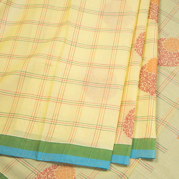 Negamam Cotton Lime Yellow Checked Saree