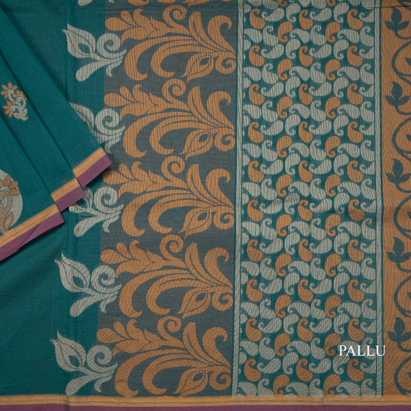 Negamam Cotton Peacock Blue Embossed Saree