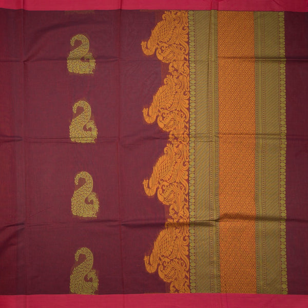 Negamam Cotton Maroon Peacock Embossed Saree