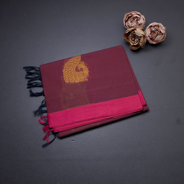 Negamam Cotton Maroon Peacock Embossed Saree